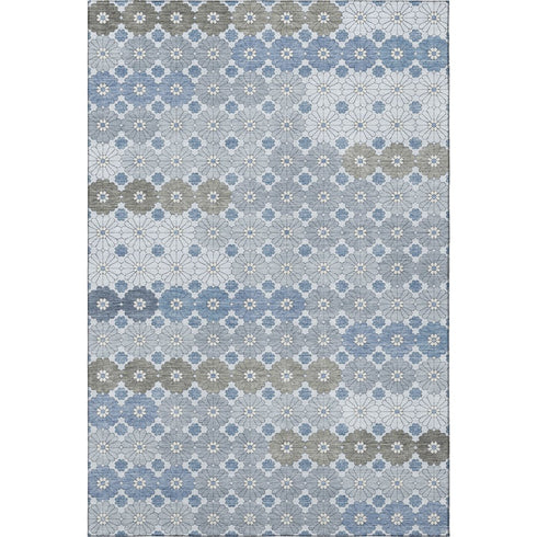 5' X 8' Denim Blue Gray And Silver Geometric Washable Area Rug With UV Protection