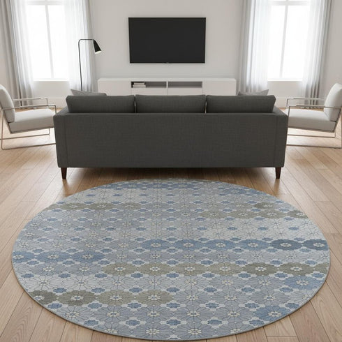 8' Denim Blue Gray And Silver Geometric Washable Round Rug With UV Protection