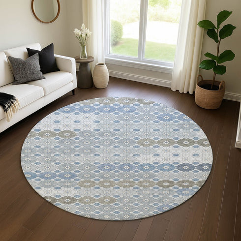 8' Denim Blue Gray And Silver Geometric Washable Round Rug With UV Protection