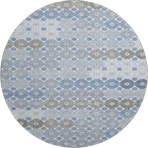 8' Denim Blue Gray And Silver Geometric Washable Round Rug With UV Protection