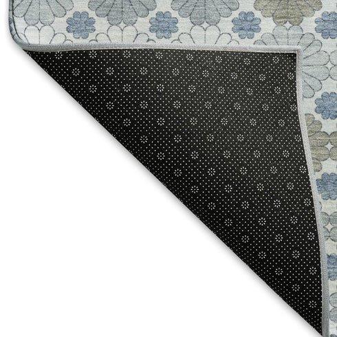 8' Denim Blue Gray And Silver Geometric Washable Round Rug With UV Protection