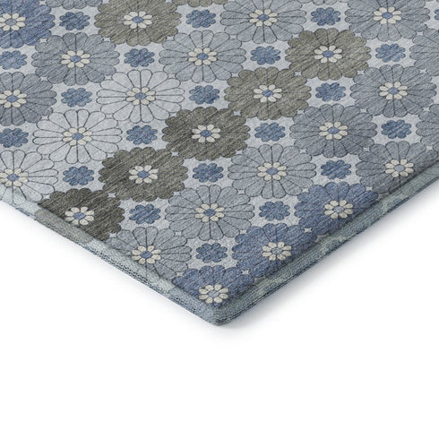 8' Denim Blue Gray And Silver Geometric Washable Round Rug With UV Protection