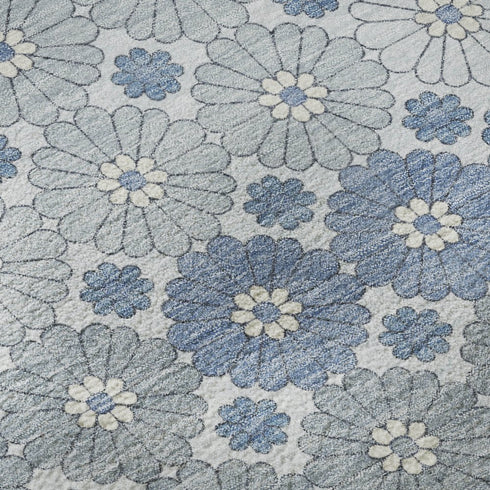 8' Denim Blue Gray And Silver Geometric Washable Round Rug With UV Protection