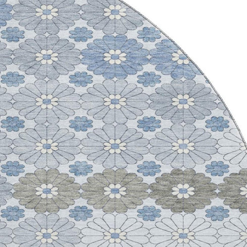 8' Denim Blue Gray And Silver Geometric Washable Round Rug With UV Protection