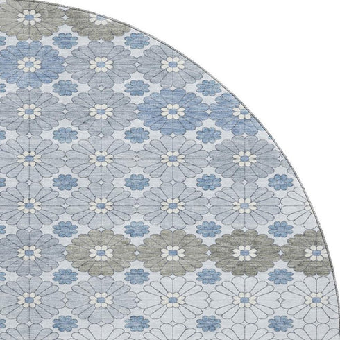 8' Denim Blue Gray And Silver Geometric Washable Round Rug With UV Protection
