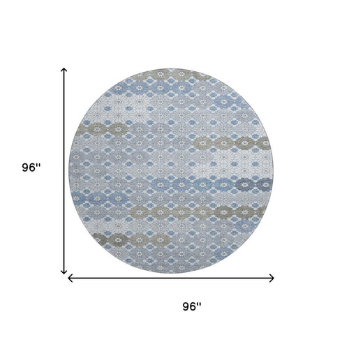 8' Denim Blue Gray And Silver Geometric Washable Round Rug With UV Protection