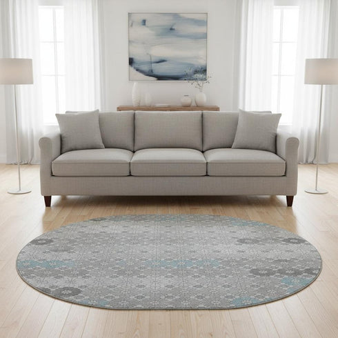 8' Silver Gray And Blue Geometric Washable Round Rug With UV Protection