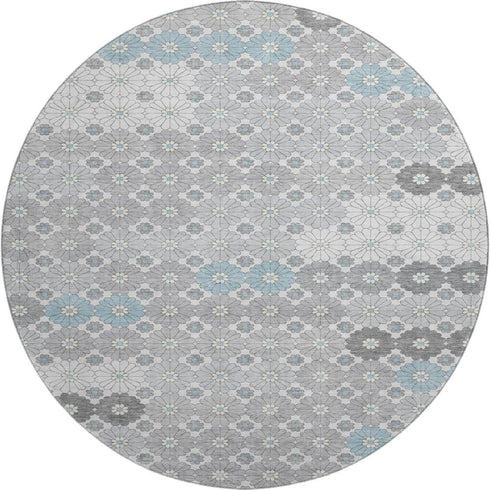 8' Silver Gray And Blue Geometric Washable Round Rug With UV Protection