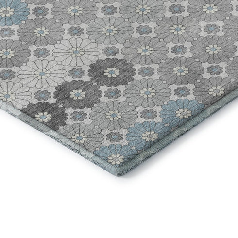 8' Silver Gray And Blue Geometric Washable Round Rug With UV Protection