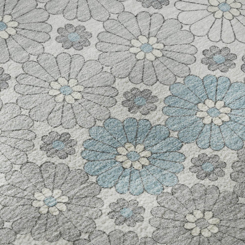 8' Silver Gray And Blue Geometric Washable Round Rug With UV Protection