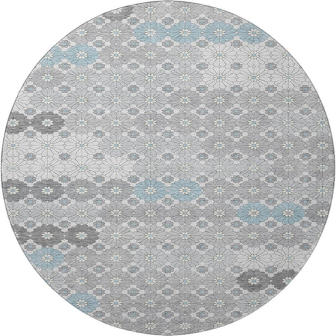 8' Silver Gray And Blue Geometric Washable Round Rug With UV Protection