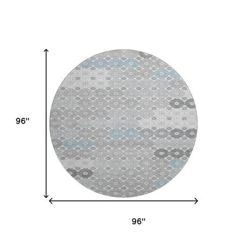 8' Silver Gray And Blue Geometric Washable Round Rug With UV Protection