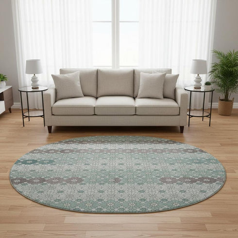 8' Teal Gray And Silver Geometric Washable Round Rug With UV Protection