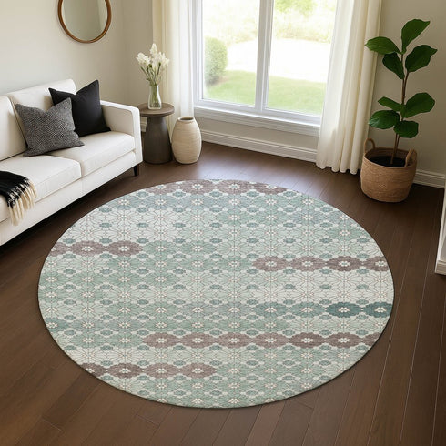 8' Teal Gray And Silver Geometric Washable Round Rug With UV Protection