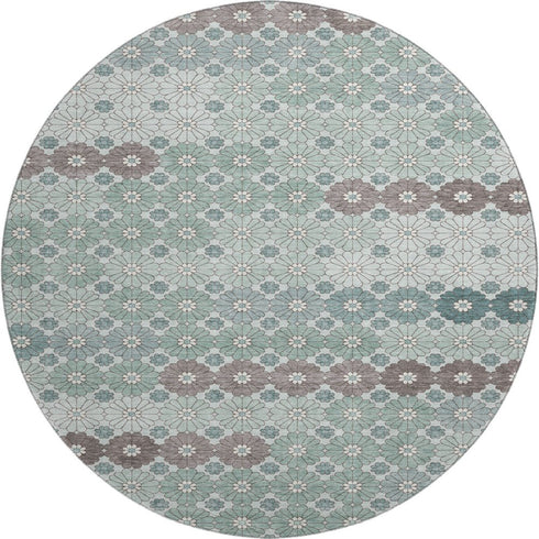 8' Teal Gray And Silver Geometric Washable Round Rug With UV Protection