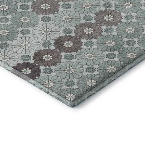 8' Teal Gray And Silver Geometric Washable Round Rug With UV Protection