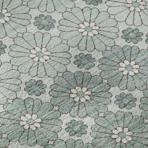 8' Teal Gray And Silver Geometric Washable Round Rug With UV Protection
