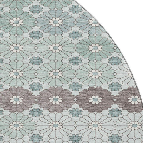8' Teal Gray And Silver Geometric Washable Round Rug With UV Protection