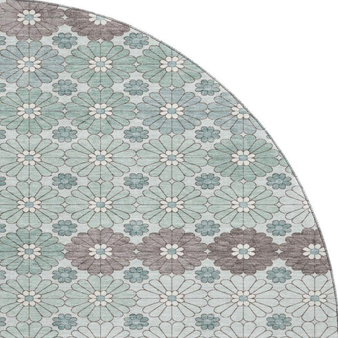 8' Teal Gray And Silver Geometric Washable Round Rug With UV Protection