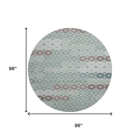 8' Teal Gray And Silver Geometric Washable Round Rug With UV Protection