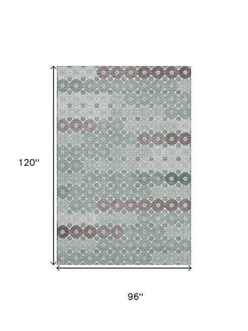 8' X 10' Teal Gray And Silver Geometric Washable Area Rug With UV Protection