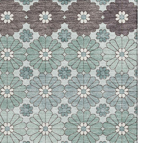 8' X 10' Teal Gray And Silver Geometric Washable Area Rug With UV Protection