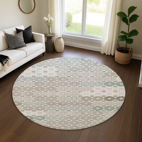 8' Taupe Beige And Teal Geometric Washable Round Rug With UV Protection