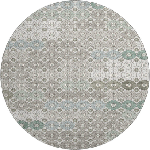 8' Taupe Beige And Teal Geometric Washable Round Rug With UV Protection