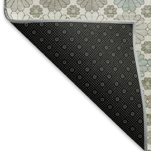 8' Taupe Beige And Teal Geometric Washable Round Rug With UV Protection