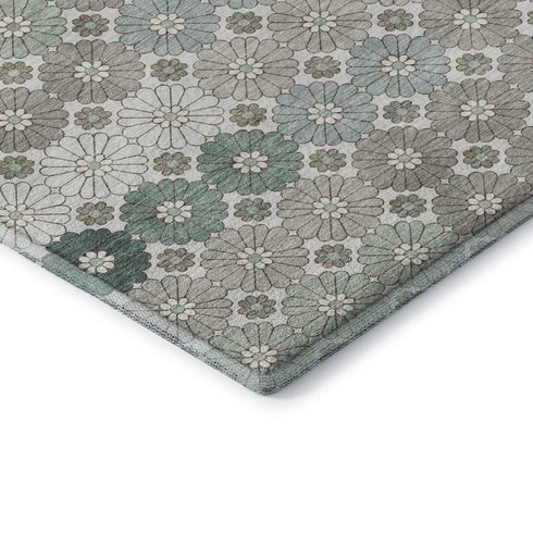 8' Taupe Beige And Teal Geometric Washable Round Rug With UV Protection