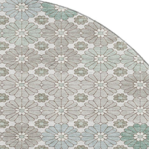 8' Taupe Beige And Teal Geometric Washable Round Rug With UV Protection