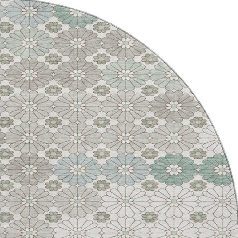 8' Taupe Beige And Teal Geometric Washable Round Rug With UV Protection