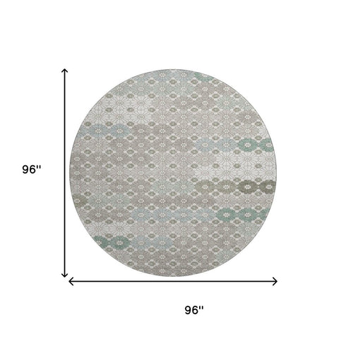 8' Taupe Beige And Teal Geometric Washable Round Rug With UV Protection