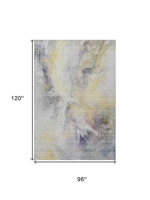 8' X 10' Gold Gray And Silver Abstract Washable Area Rug With UV Protection