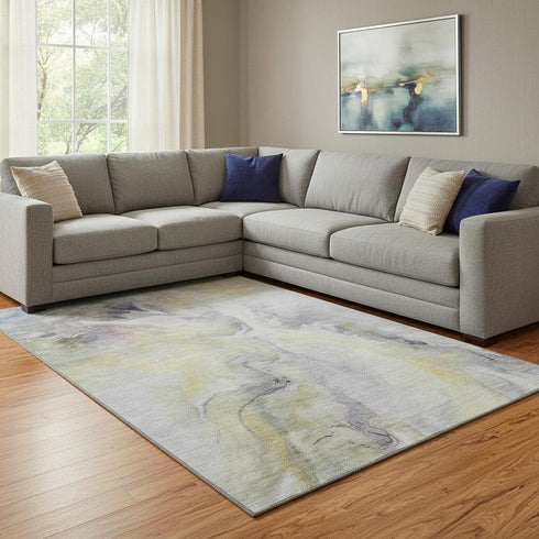 8' X 10' Gold Gray And Silver Abstract Washable Area Rug With UV Protection