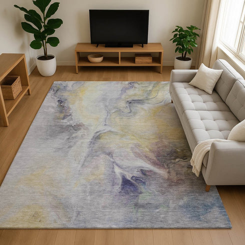 8' X 10' Gold Gray And Silver Abstract Washable Area Rug With UV Protection