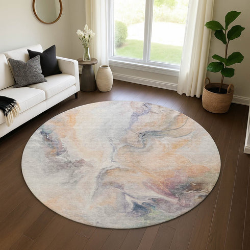 8' Linen Peach And Ivory Abstract Washable Round Rug With UV Protection