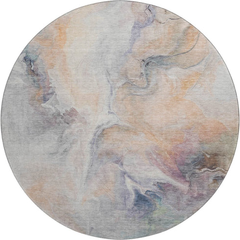 8' Linen Peach And Ivory Abstract Washable Round Rug With UV Protection