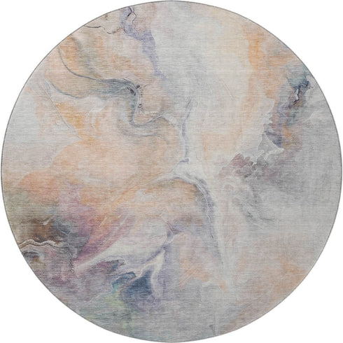 8' Linen Peach And Ivory Abstract Washable Round Rug With UV Protection
