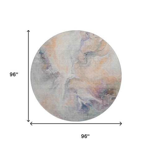 8' Linen Peach And Ivory Abstract Washable Round Rug With UV Protection