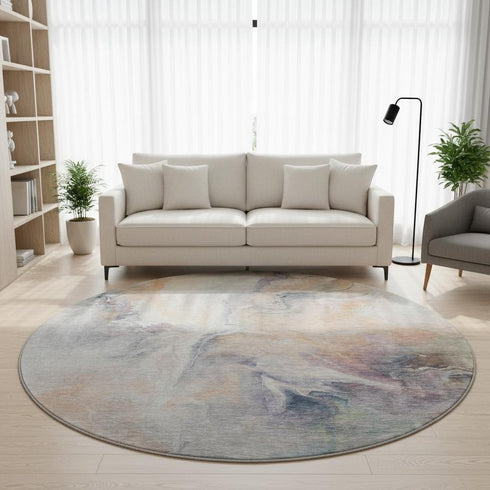 8' Linen Peach And Ivory Abstract Washable Round Rug With UV Protection