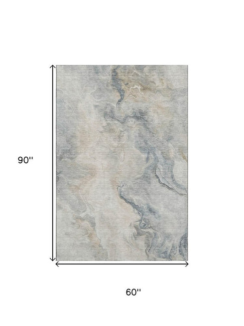 5' X 8' Beige Gray And Ivory Abstract Washable Area Rug With UV Protection