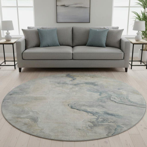 8' Beige Gray And Ivory Abstract Washable Round Rug With UV Protection