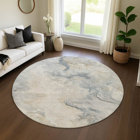 8' Beige Gray And Ivory Abstract Washable Round Rug With UV Protection