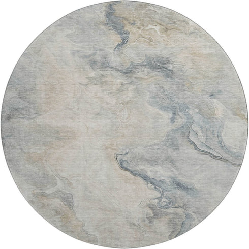 8' Beige Gray And Ivory Abstract Washable Round Rug With UV Protection