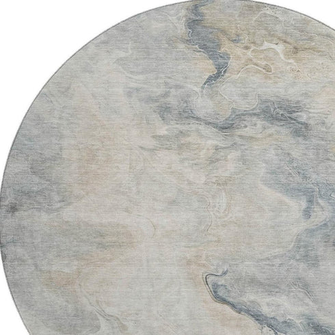 8' Beige Gray And Ivory Abstract Washable Round Rug With UV Protection