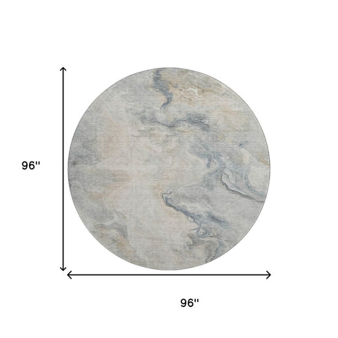 8' Beige Gray And Ivory Abstract Washable Round Rug With UV Protection