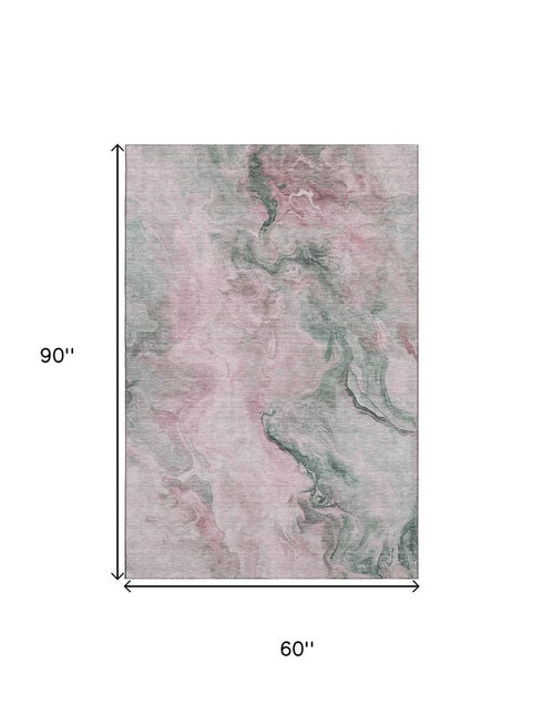 5' X 8' Blush Sage And Ivory Abstract Washable Area Rug With UV Protection