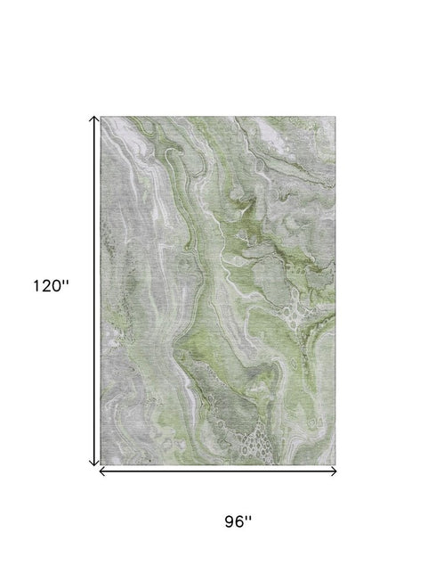 8' X 10' Artichoke Green Gray And Silver Abstract Washable Area Rug With UV Protection