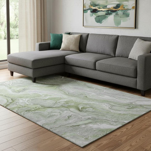 8' X 10' Artichoke Green Gray And Silver Abstract Washable Area Rug With UV Protection
